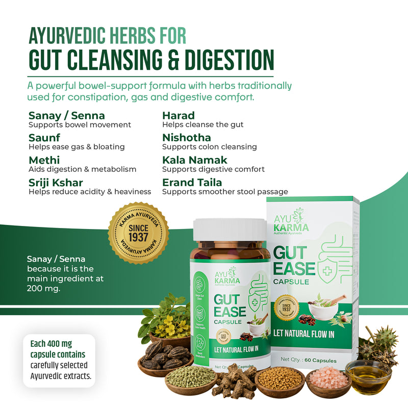 AyuKarma Gut Ease Capsules – Ayurvedic Constipation, Gut Cleansing & Digestion Support
