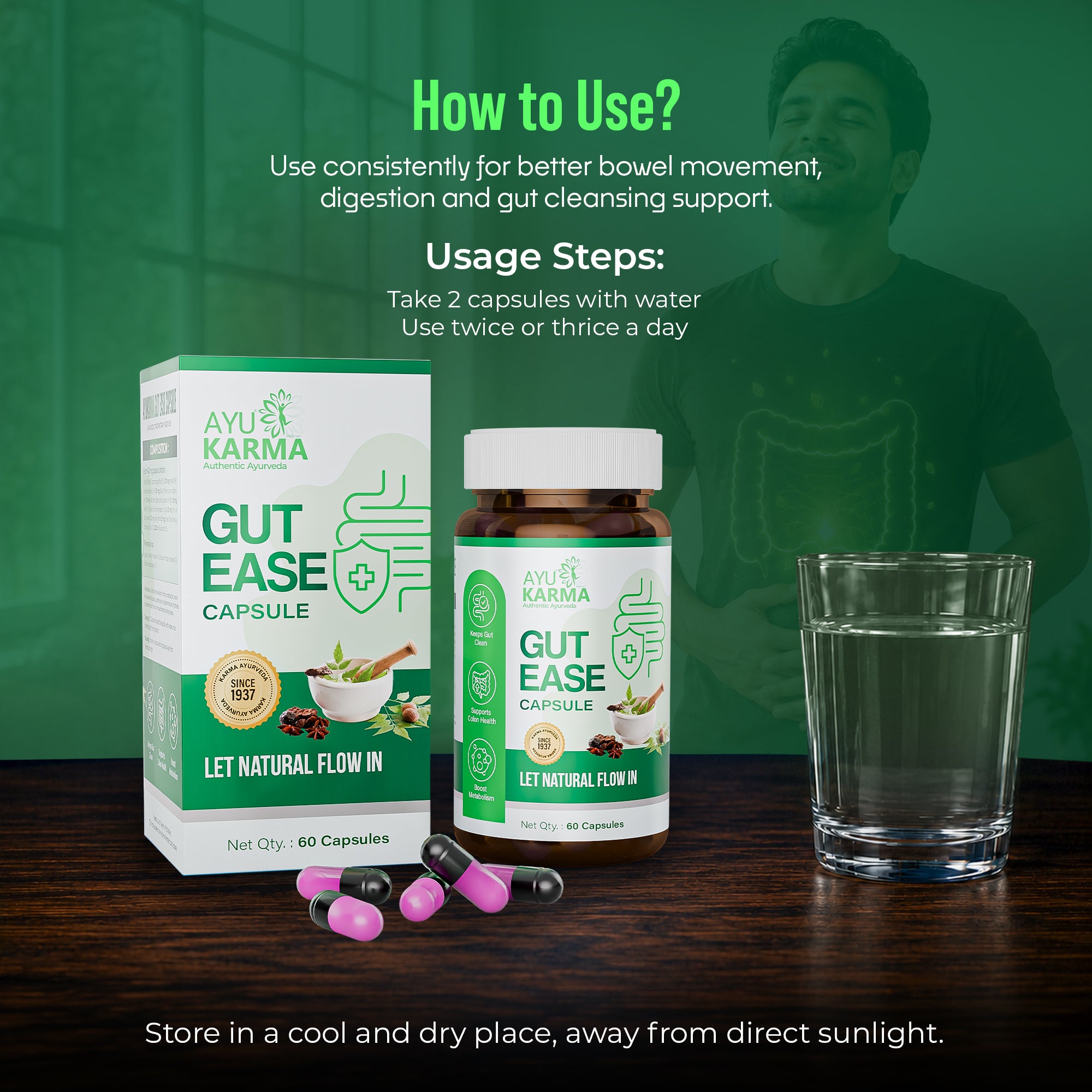 AyuKarma Gut Ease Capsules – Ayurvedic Constipation, Gut Cleansing & Digestion Support