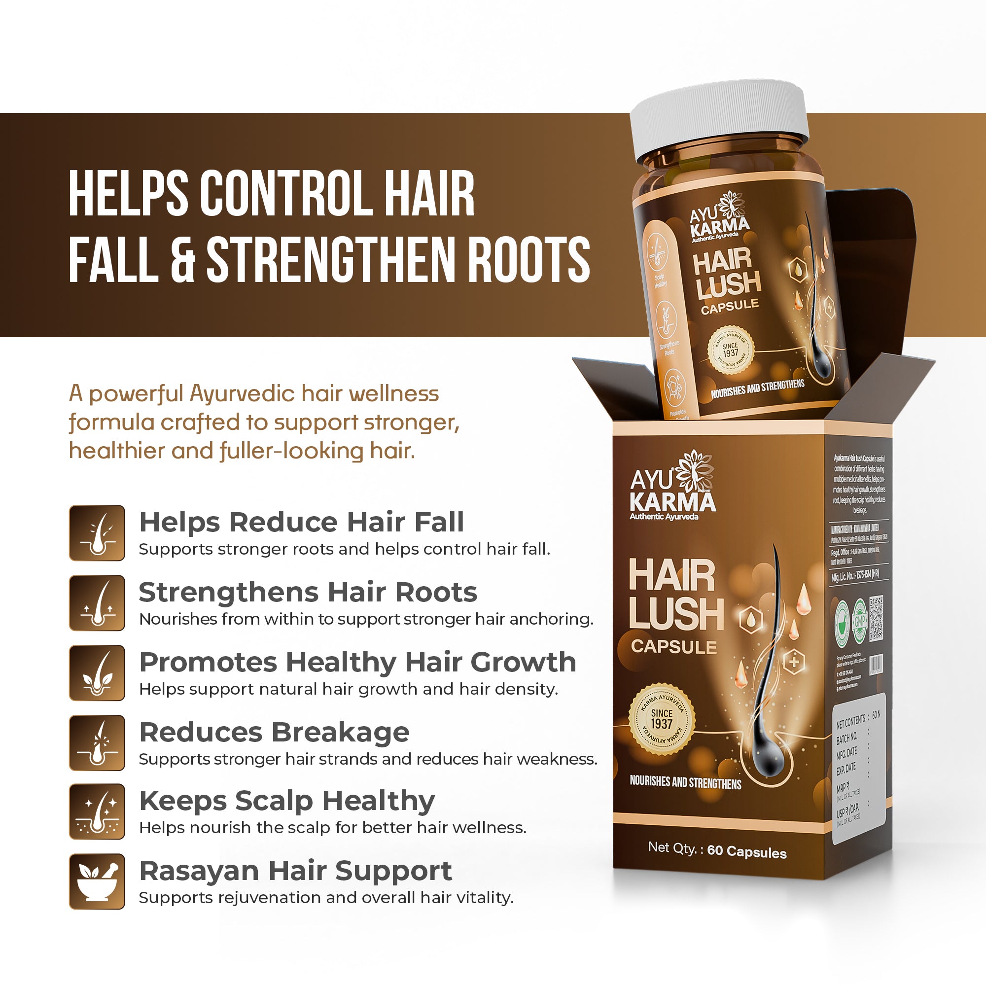 AyuKarma Hair Lush Capsules – Ayurvedic Hair Growth, Hair Fall Control & Root Strength Support