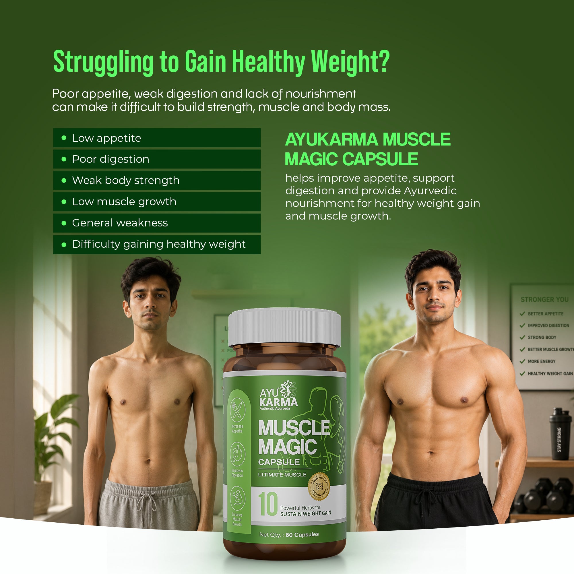 AyuKarma Muscle Magic Capsules – Ayurvedic Weight Gain, Muscle Growth & Strength Support