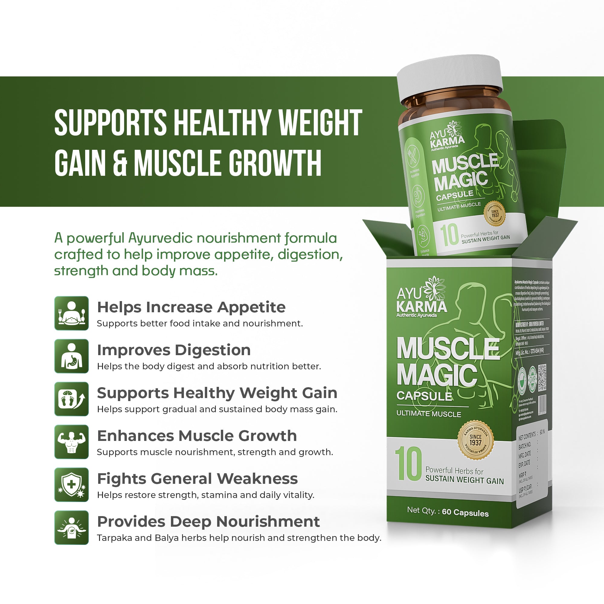 AyuKarma Muscle Magic Capsules – Ayurvedic Weight Gain, Muscle Growth & Strength Support
