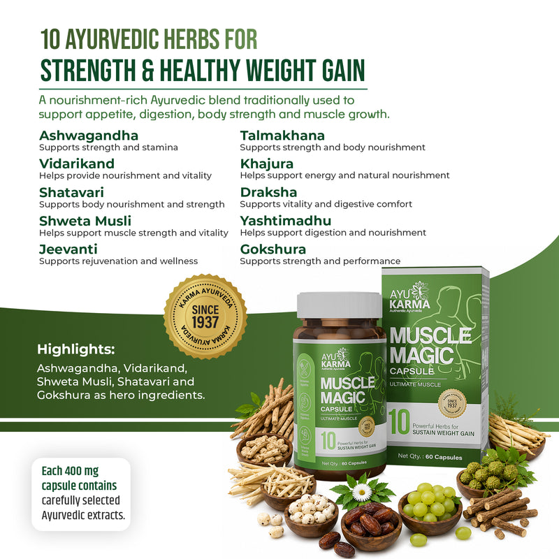 AyuKarma Muscle Magic Capsules – Ayurvedic Weight Gain, Muscle Growth & Strength Support