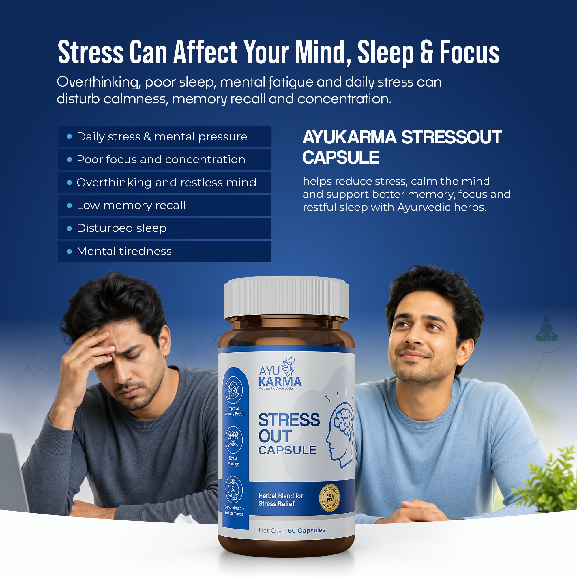 AyuKarma Stressout Capsules – Ayurvedic Stress Relief, Memory, Focus & Calm Mind Support