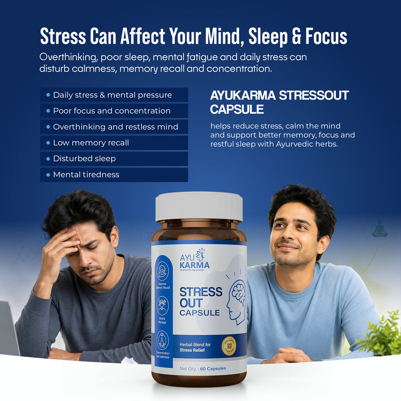 AyuKarma Stressout Capsules – Ayurvedic Stress Relief, Memory, Focus & Calm Mind Support