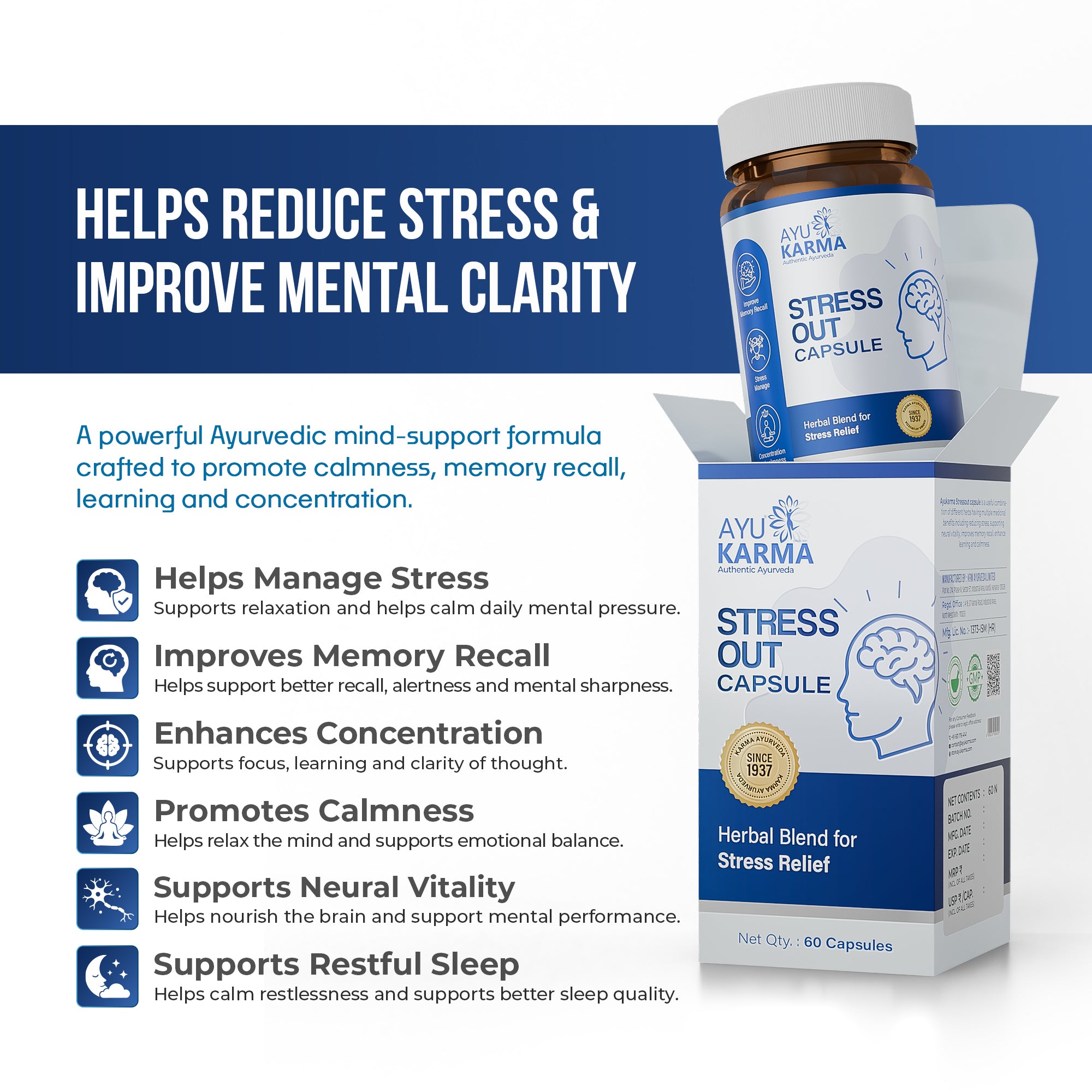 AyuKarma Stressout Capsules – Ayurvedic Stress Relief, Memory, Focus & Calm Mind Support