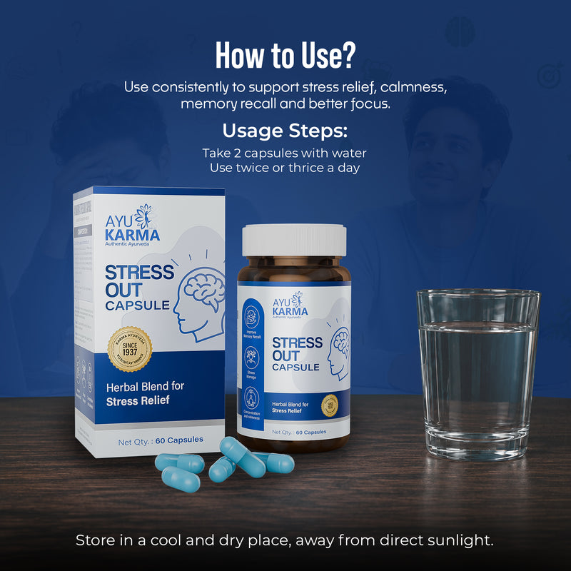 AyuKarma Stressout Capsules – Ayurvedic Stress Relief, Memory, Focus & Calm Mind Support